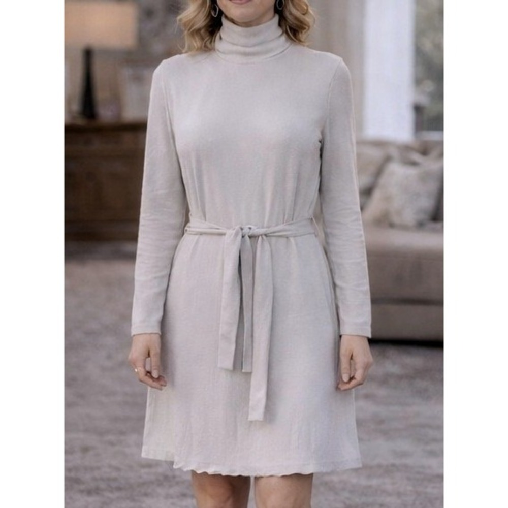 Daisy Fuentes Whisper White Turtleneck Belted Knit Sweater Dress NWT Small